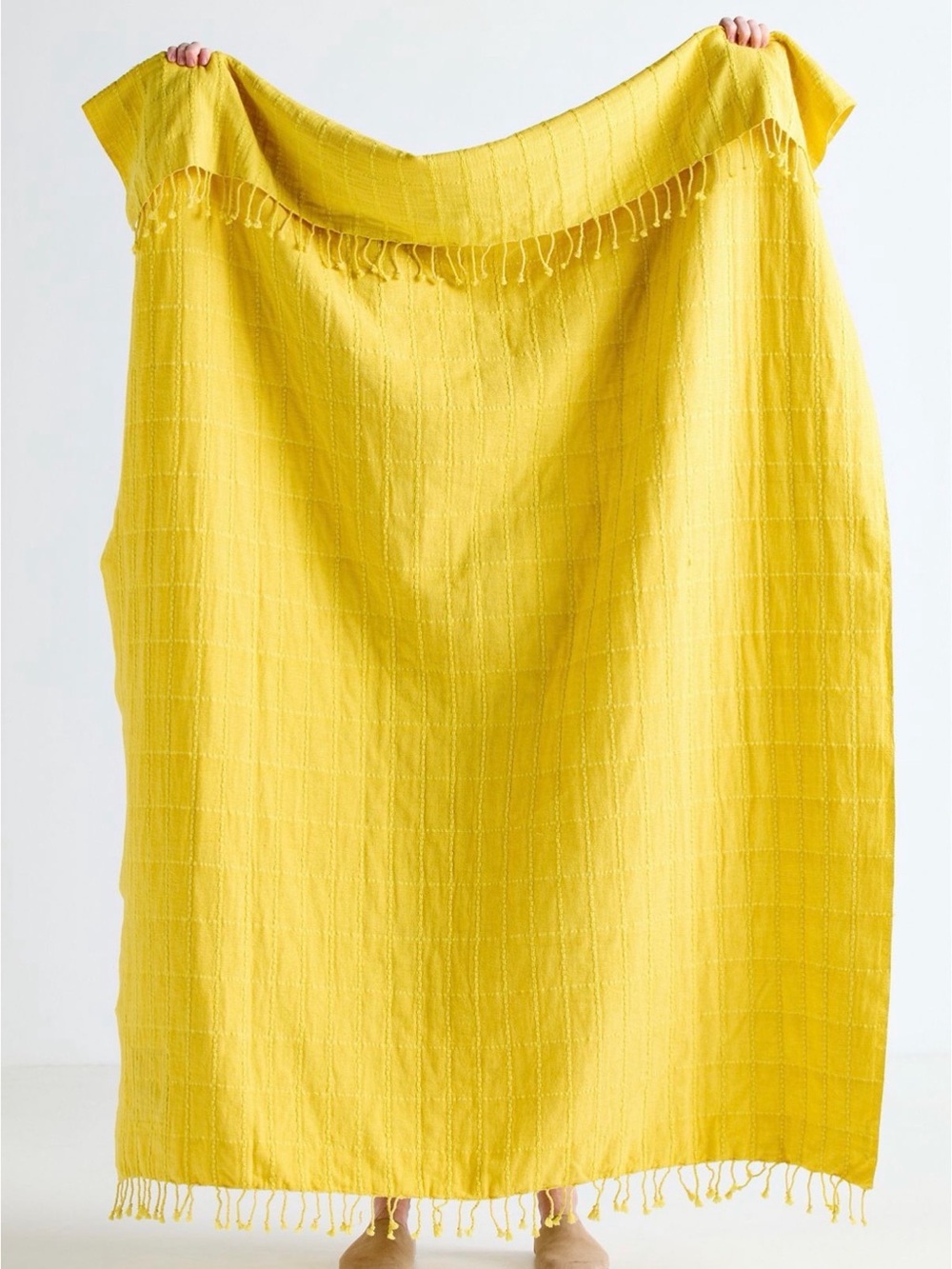 Anthropologie Desiree Cotton Windowpane Patch Throw Blanket 50x70 Yellow NWT